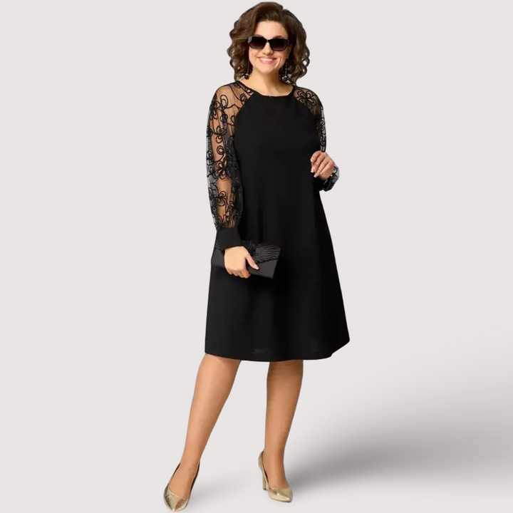 Helena - Elegancka czarna sukienka z koronkowymi rękawami