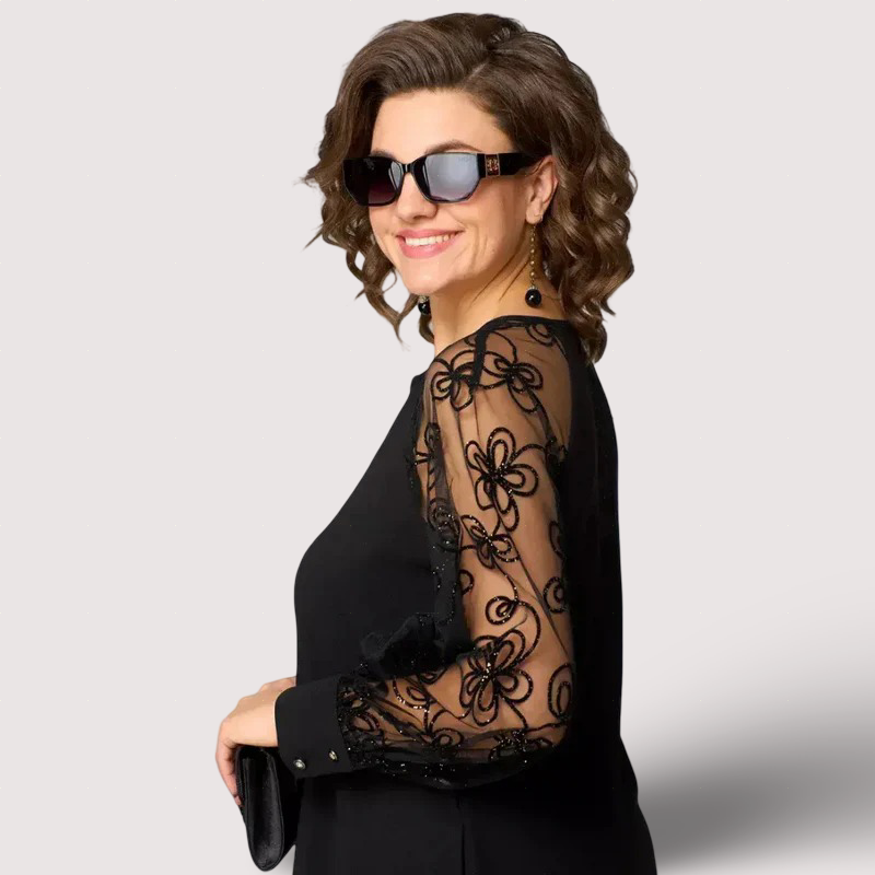 Helena - Elegancka czarna sukienka z koronkowymi rękawami