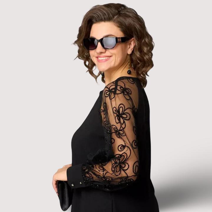 Helena - Elegancka czarna sukienka z koronkowymi rękawami