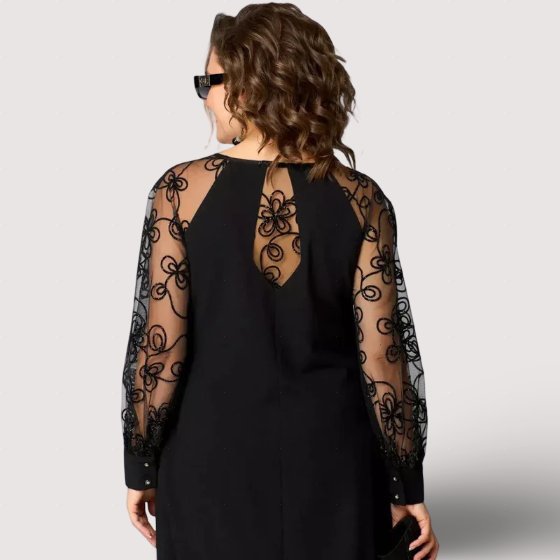 Helena - Elegancka czarna sukienka z koronkowymi rękawami
