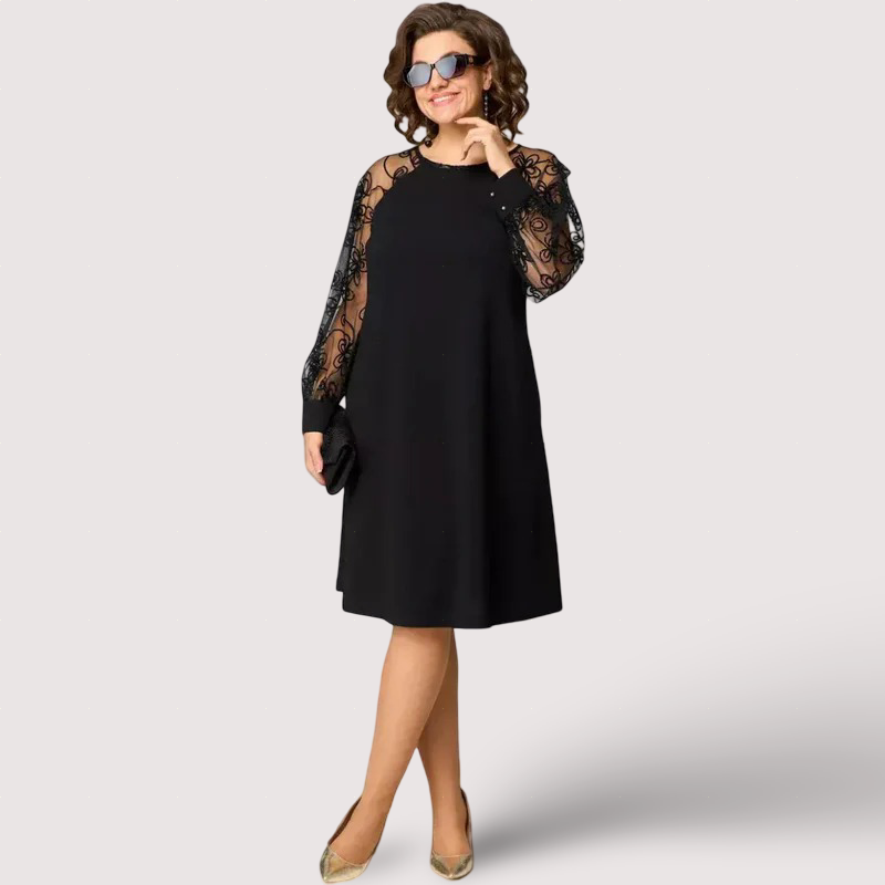 Helena - Elegancka czarna sukienka z koronkowymi rękawami