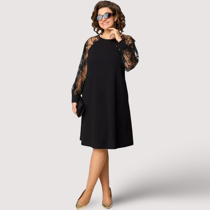 Helena - Elegancka czarna sukienka z koronkowymi rękawami